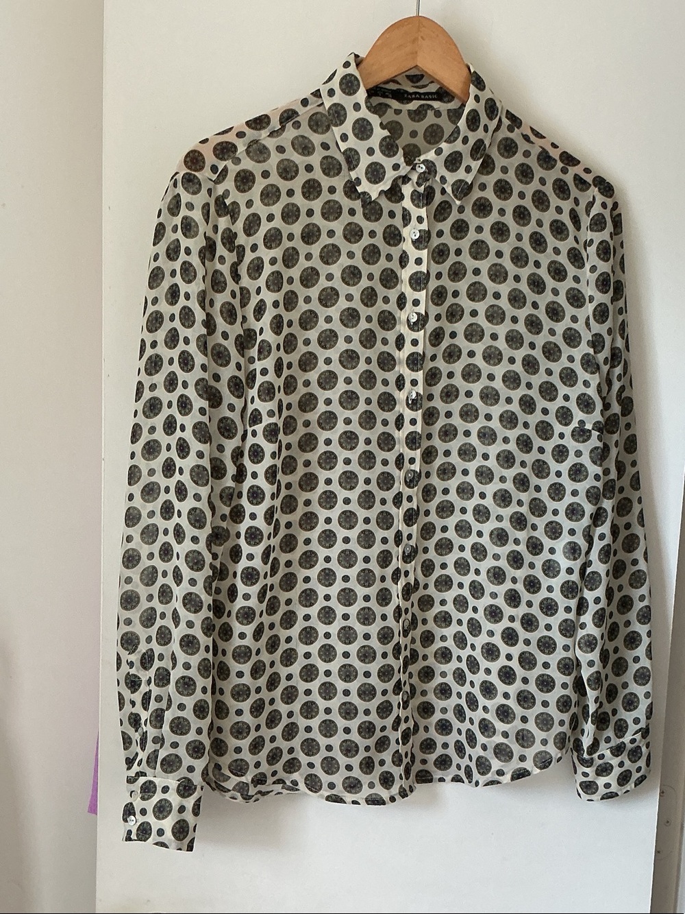Zara Cream Button-Down Shirt with Black Dot Pattern